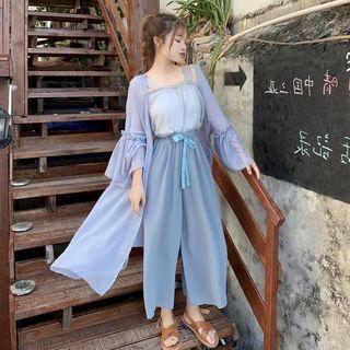 Plain Camisole Top / Open Front Long Light Jacket / Cropped Wide-leg Pants