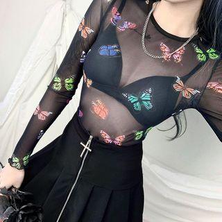 Butterfly Print Long-sleeve Mesh Cropped Top