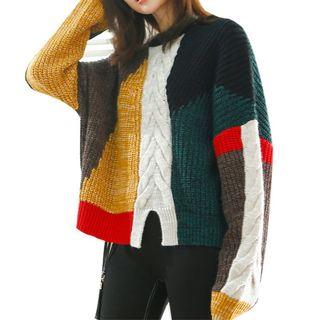Crew-neck Color Block Cable-knit Sweater Yellow - One Size