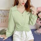 Long-sleeve Buttoned Shirred Blouse