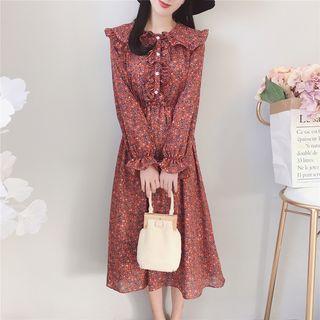 Floral Ruffle Trim Long-sleeve Midi Dress
