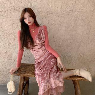 Long-sleeve Turtleneck Top / Spaghetti Strap Lace Trim Midi A-line Velvet Dress