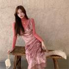 Long-sleeve Turtleneck Top / Spaghetti Strap Lace Trim Midi A-line Velvet Dress