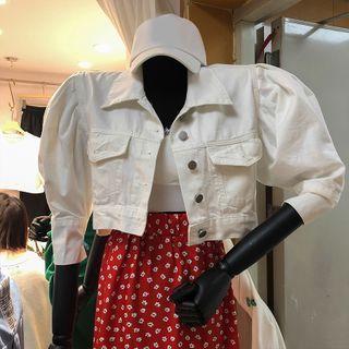 Cropped Capri Puff-sleeve Dual-pocket Denim Jacket