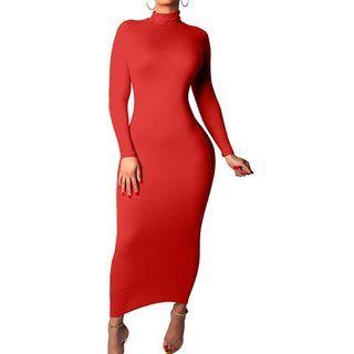 Long-sleeve Turtleneck Midi Sheath Dress