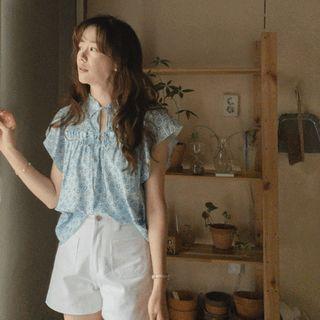 Ruffle-sleeve Frill-trim Floral Blouse Blue - One Size