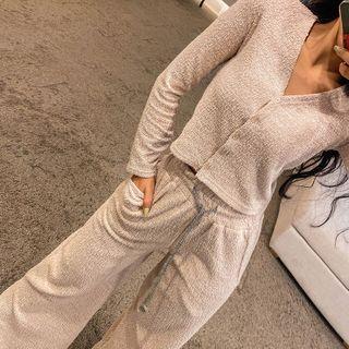 Set: Tweed Cardigan + Slit-side Wide-leg Pants
