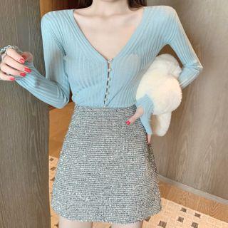 Faux-pearl Button V-neck Long-sleeve Slim-fit Knit Top / Glittered Skirt
