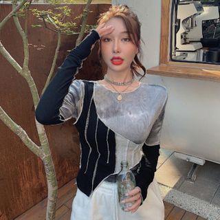 Long-sleeve Color Block Panel Asymmetric Top As Shown In Figure - One Size