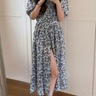 Puff-sleeve Floral Print A-line Dress Dark Blue Floral - White - One Size