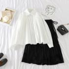 Long-sleeve Plain Shirt / Drawstring Pleated Layered Velvet Skirt