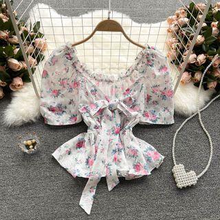 V Collar Floral Puff-sleeve Top
