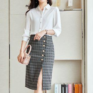 Puff-sleeve Striped Shirt / Plaid Pencil Skirt (various Designs)