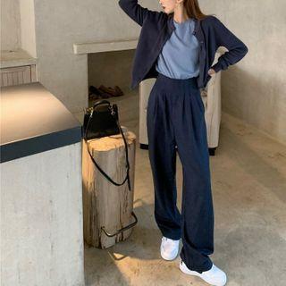 Plain T-shirt / Plain Cardigan / High-waist Loose-fit Pants
