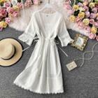 Drawstring V-neck Lace-trim Elbow-sleeve Chiffon Dress White - One Size