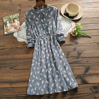 Long-sleeve Cartoon Print Midi A-line Corduroy Dress