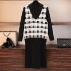 Set: Plaid Knit Vest + Long-sleeve Dress As Shown In Figure - One Size