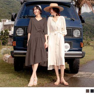 Short Sleeve Scoop Neck Drawstring Midi Smock Dress