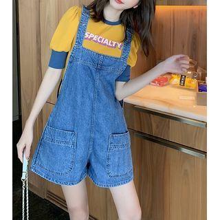 Set: Lettering Short-sleeve T-shirt + Denim Jumper Shorts