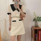 Short-sleeve Two Tone Blouse / Mini A-line Skirt