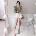 Button-front Fringe-trim Shorts