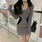 Long-sleeve Contrast Trim Knit Sheath Dress Gray - One Size