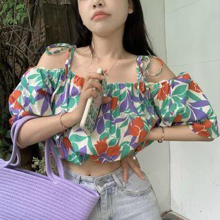 Short-sleeve Floral Top Green - One Size
