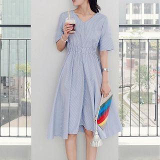 Striped V-neck Short-sleeve A-line Midi Dress