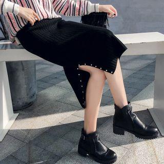 Faux Pearl Slit Knit Fitted Skirt