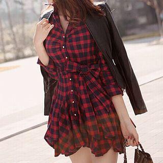 Long-sleeve Sashed Gingham Mini Dress