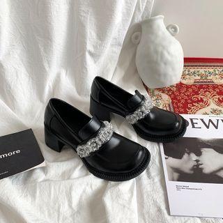 Faux Crystal Faux Leather Block Heel Loafers