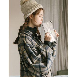 Balloon-sleeve Plaid Long Flannel Shirtdress Gray - One Size
