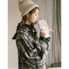 Balloon-sleeve Plaid Long Flannel Shirtdress Gray - One Size