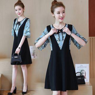 Floral Print Short-sleeve Mock Two-piece Chiffon Dress