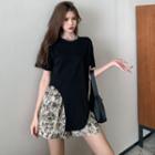 Short-sleeve Irregular T-shirt / Floral Print Wide-leg Shorts