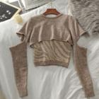 Set: Zebra Print Camisole Top + Cut-out Cropped Sweater Set Of 2 - Camisole Top & Sweater - Almond & Light Coffee - One Size