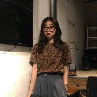 Short-sleeve Leopard Print T-shirt Brown - One Size