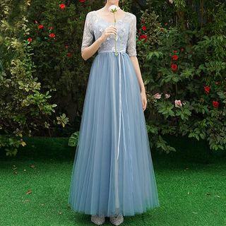 Embroidered Chiffon A-line Evening Gown / Dress