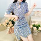 Short-sleeve Mandarin Collar Floral Print Mini Dress
