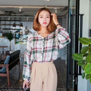V-neck Long-sleeve Check Shirt
