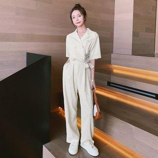 Elbow-sleeve Notch Lapel Wide-leg Jumpsuit