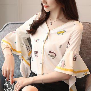 Print Flutter-sleeve V-neck Blouse