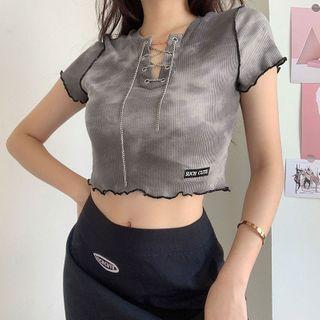 Lace-up Neck Tie-dye Cropped T-shirt