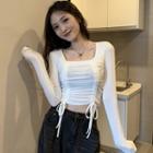 Long-sleeve Square Neck Drawstring Crop Top