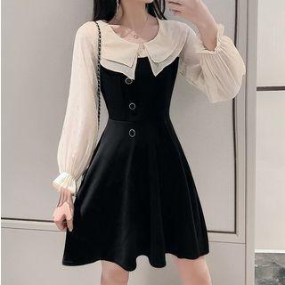 Long-sleeve Color Block Wide Collar A-line Mini Dress