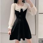 Long-sleeve Color Block Wide Collar A-line Mini Dress