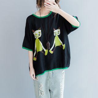Cat Print Contrast Trim Elbow Sleeve T-shirt