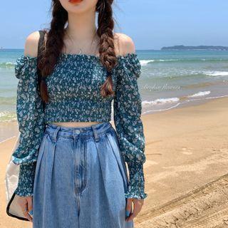 Floral Off-shoulder Long-sleeve Slim-fit Blouse As Figure - One Size