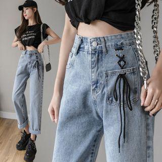 Lace-up Washed Straight-fit Jeans