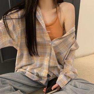 Plaid Shirt / Lettering Camisole Top